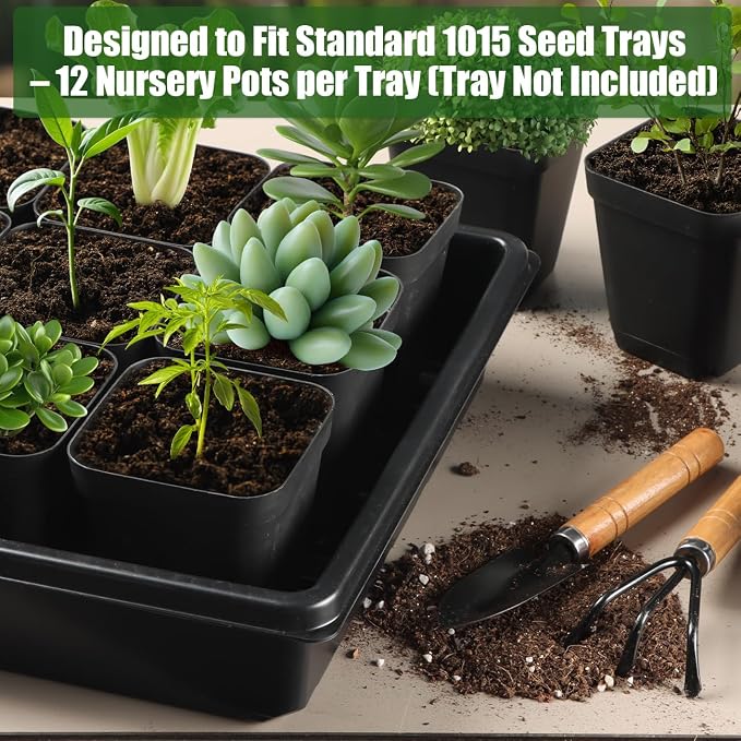 RooTrimmer 100 Pack Plant Nursery Pots 3.15 Inch, Durable Square Seedling Pots with Drainage Holes, Reusable Small Plastic Flower Pots for Seed Starting, Transplanting, Herb Garden