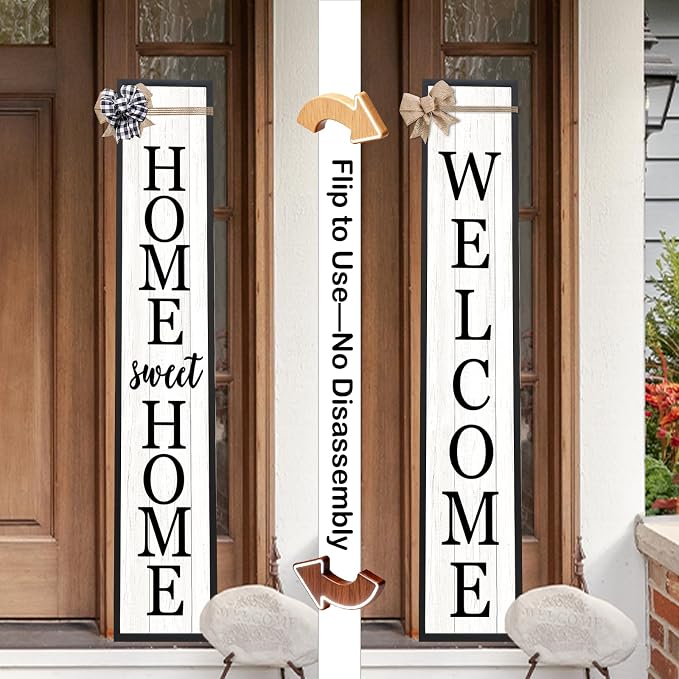 Outdoor 2in1 Welcome Sign for Front Door Home Sweet Home Sign for Farmhouse Tall Outdoor Front Porch Standing 2 Sided 45"X9" Large Vertical Leaner Rustic Outside Decor (Black)