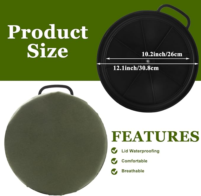 DAJAVE 2 Pack 5 Gallon Bucket Seat 360 Degree Swivel Bucket Seat Cushion, Buckets Seats Lid with Padded Top for Fishing, Hunting, Baseball Gardening and Camping, Water-Resistant (Green)