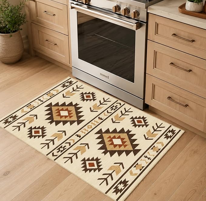 Western Rug 2x3 for Entryway Indoor Mat, Southwestern Aztec Tribal Rugs Southwest Navajo Machine Washable Entrance Rug Non-Slip Printed Low-Pile Entry Floor Carpet Doormat for Bedroom Bathroom, Camel