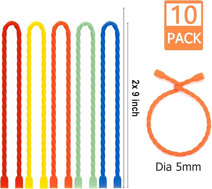 10 PCS 18-Inch Silicone Cable Ties - Reusable Twist Ties Bendable Steel-Core Rubber Cable Ties for Bundling and Holding, All Purpose Cord Tie for Indoor and Outdoor (5 Colors)