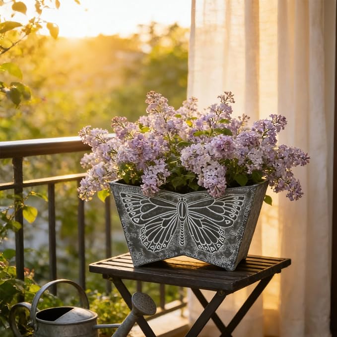 GreenShip 16 Inch Large Resin Flower Pots Set of 2, Resin Planter Pot with Drainage Hole, Vintage Butterfly Embossed Decorative Garden Pot, Weather-Resistant for Porch, Patio, Indoor Use, Dark Grey