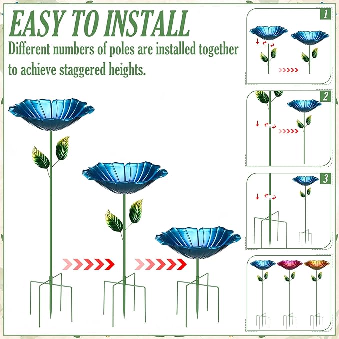 3 Pack Metal Bird Baths for Outdoors 31.5" H x 10.6" D Flower Bird Feeders with Metal Stake Colorful Hummingbird Watering Station for Garden Yard Lawn Decoration