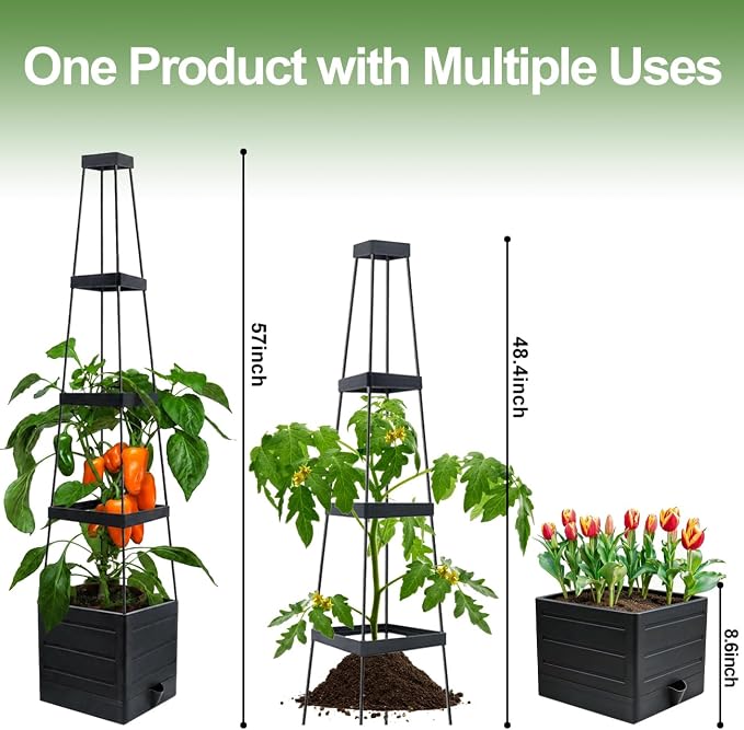 Tomato Cages with Trellis 2 Pack, 57'' Tomato Planter Raised Garden Bed with Self-Watering, Plant Support for Climbing Plants, Tomato, Garden, Vegetables, Vine Flowers, Patio, Outdoor Indoor