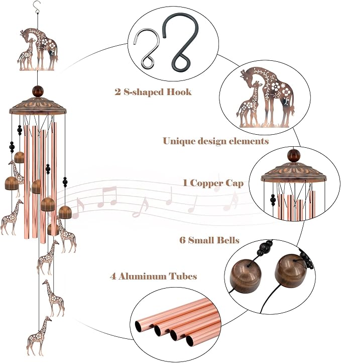 35" Giraffe Wind Chimes for Outside, Rustic Copper Mother & Baby Giraffe Silhouette Decor with 6 Pendants - Elegant Safari Memorial Windchime - Heartwarming Gift for Mom & Animal Lovers