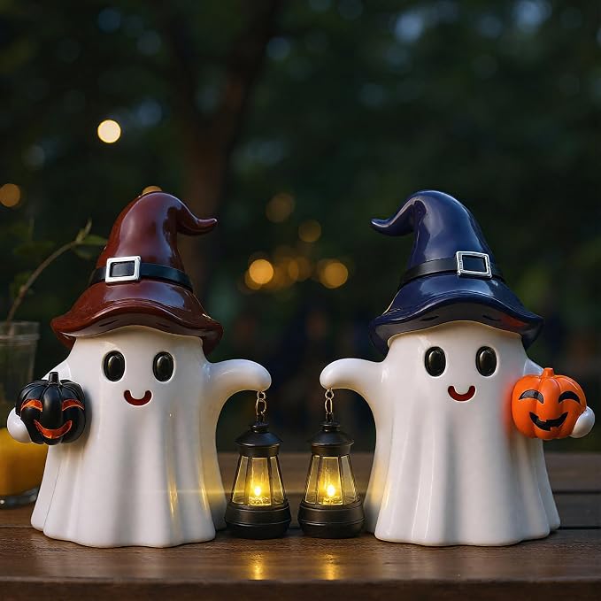 Suzile 2 Pack Halloween Outdoor Decoration 9.5 Inch Spooky Ghost Statues with Solar Lantern Light Pumpkin for Garden Halloween Figurine Cute Resin Ghost for Lawn Patio Party Indoor Home Decor Gift