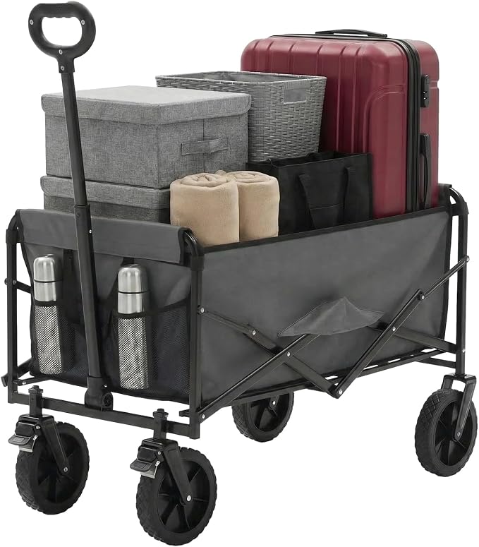 OLIXIS Collapsible Wagon 102L Standard Heavy Duty Utility Folding Wagon Cart with Lockable Brake Wheels – 330 lbs Weight Capacity, Flexible Handle for Beach, Grocery, Camping, Sports & Garden, Gray