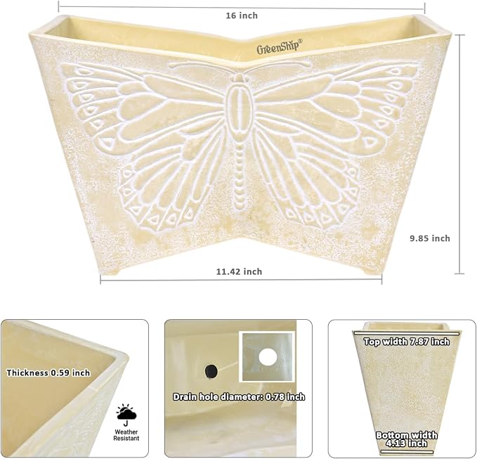 GreenShip 16 Inch Large Resin Flower Pots Set of 2, Resin Planter Pot with Drainage Hole, Vintage Butterfly Embossed Decorative Garden Pot, Weather-Resistant for Porch, Patio, Indoor Use, Beige