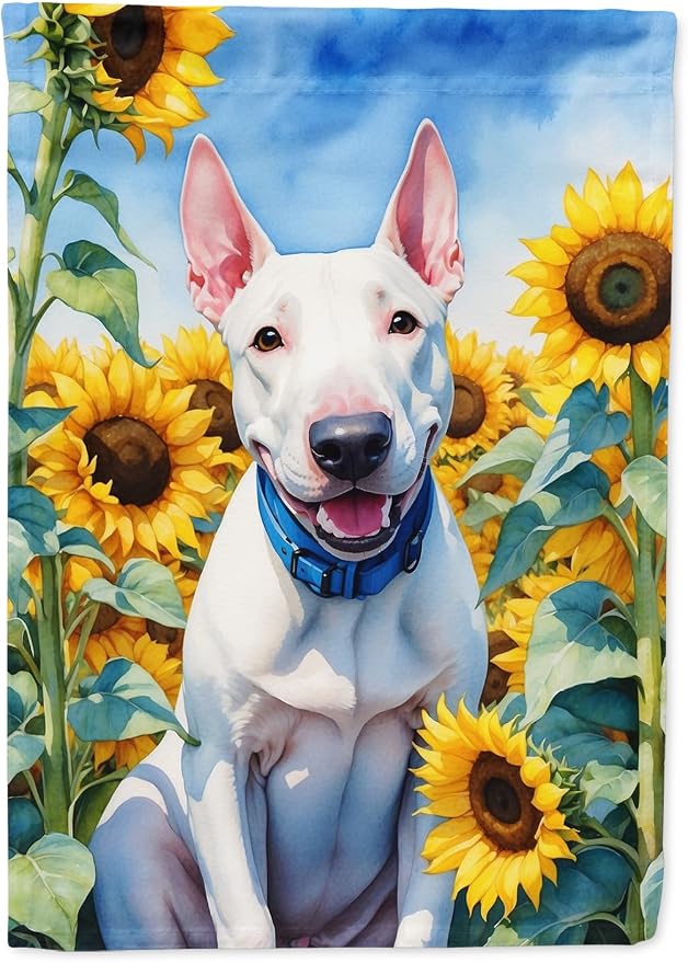 Caroline's Treasures DAC6071GF English Bull Terrier in Sunflowers Garden Flag Mailbox Flag Decorative Yard Flag Banner Outside Patio Artwork Yard Flower Beds, Garden Size, Multicolor