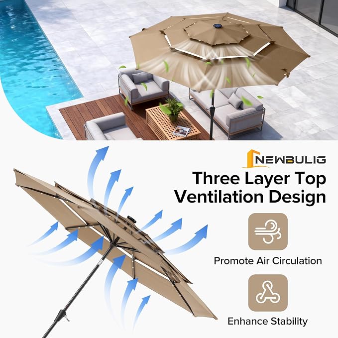 NEWBULIG 10ft Solar Patio Umbrella with 32 LED Lights, Table Market Umbrella with Tilt Adjustment & Crank Lift, Outdoor Sun Umbrella for Garden, Deck, Backyard, Pool and Beach