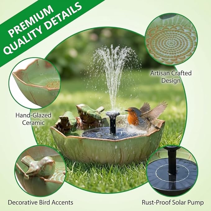 Large Ceramic Bird Bath Bowl with Solar Powered Fountain, Solar Bird Bath Fountain for Outdoors, Hummingbird Solar Water Fountain for Bird Bath, Tabletop Garden Bird Bath for Patio Yard Outdoor Décor