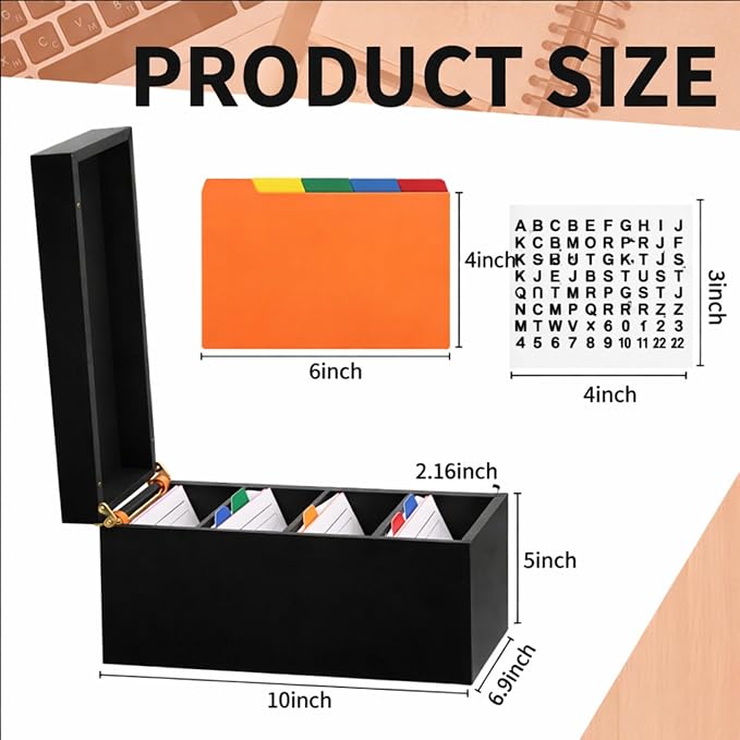 Henoyso 4 x 6 Inch Index Card Holder Set, Bamboo Organizer Box with 50 Dividers & 2 Sheets Alphabet Number Stickers File Note Holders, Holds 1200 Cards for Office Business Home Kitchen, Black
