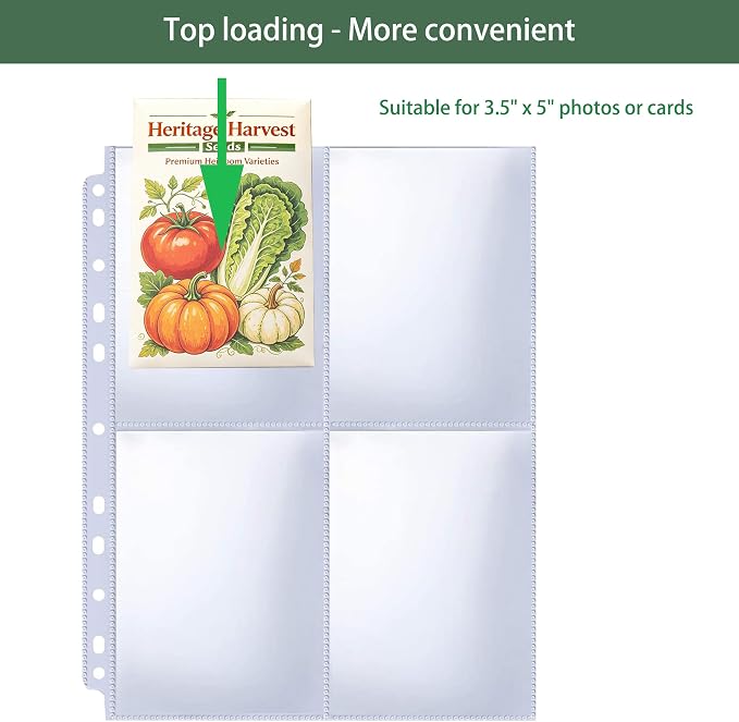 30 Pack 120 Pocket Seed Organizer Sheet, 3.5x5” Seed Packet Binder Sleeves, Heavy Duty Garden Seeds Storage Pages for 3 Ring Binder