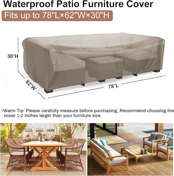 Mrrihand Heavy Duty Patio Furniture Covers, Outdoor Furniture Covers Waterproof Sectional Sofa Set, Patio Table and Chair Set Cover 78" L×62" W×30" H,Brown