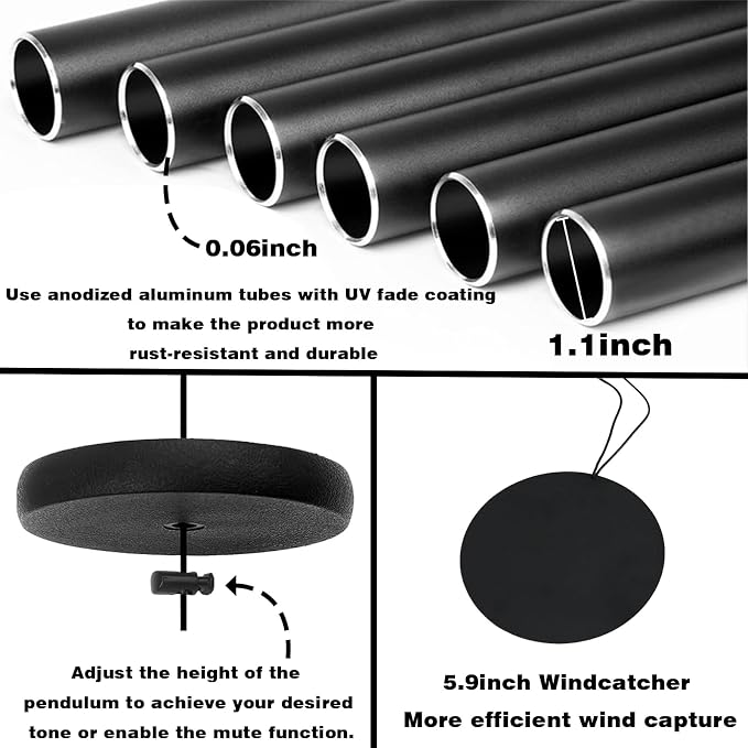 66" Extra Large Wind Chimes for Outside Deep Tone, Deep Soulful 6 Tube Aluminum Windchimes with Healing, Breezy Melodies, Rustproof Black Finish Heartfelt Gift for Mom's Patio Garden