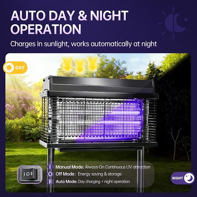 Solar Bug Zapper Outdoor, Purple UV Mosquito Zapper with Smart Rain Off Rechargeable Mosquito Killer Lamp, Wireless Solar Powered Fly Trap for Yard Patio RV (Pure Black)