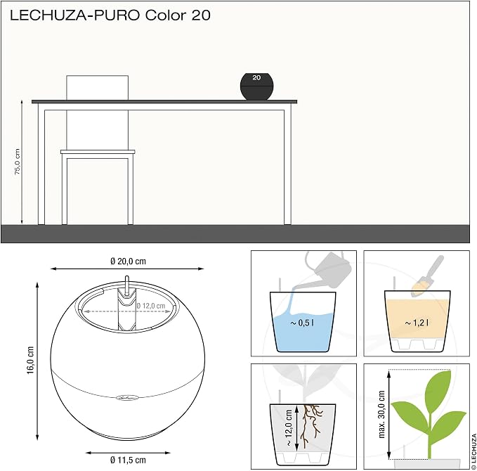 Lechuza Puro Color 20 White, Self-Watering Small Indoor Planter, D7.9 H6.3 in