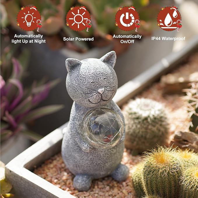 Solar Garden Cat Statue - Cat Garden Decor for Yard Patio | Cats Decoration for Garden Lawn Balcony - Gifts for Mom Grandma