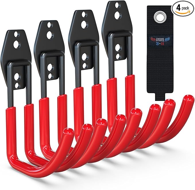 3-H Garden Hose Holder Wall Mount 4 Pack Solid Steel 3.9 Inch Compact Hose Hanger Heavy Duty Water Hose Holders for Outside,Red