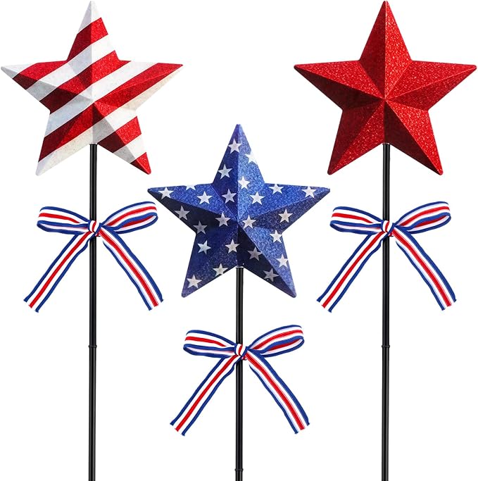 Amyhill 3 Pcs 4th of July Outdoor Decor Patriotic Star Metal Garden Stakes Memorial Day Welcome Yard Signs Red White Blue Decorations Garden Stakes for 250th Anniversary Patio Lawn Walkway Outside