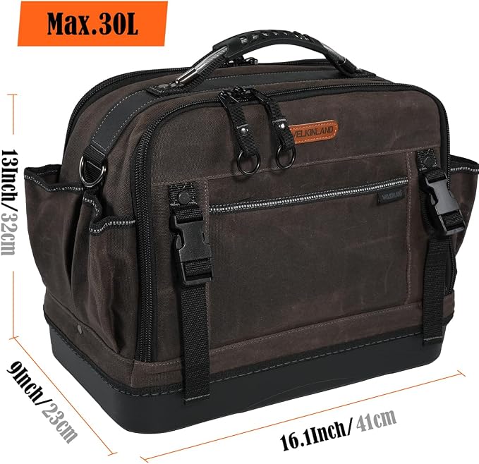 WELKINLAND 53Pockets Hard-Bottom HVAC Bag, Heavy-Duty Electrician Tool Bag,Waterproof Waxed Canvas Tools Bags, Top-Open 16 Inch Tool Bags,HVAC Service Bag For Men
