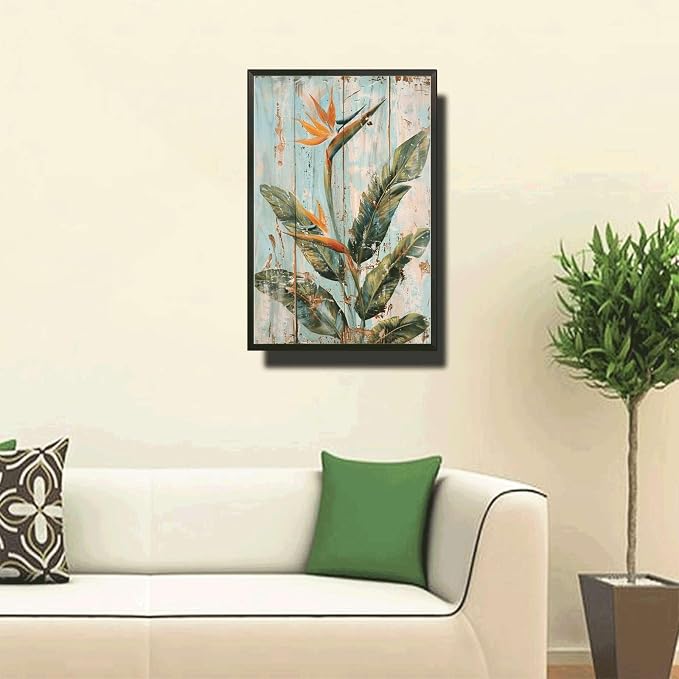 Metal Sign Tin Sign Vintage Exotic Bird of Paradise Tin Sign for Rustic Paintings Vintage Charm and Vibrant Leaf Displays Tin Signs for Women for Restaurant 8×12 Inches with Metal Frame