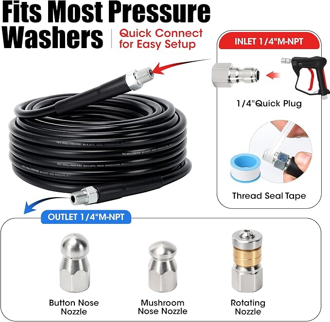 Sewer Jetter Kit for Pressure Washer 50 FT, Drain Cleaning Hose with Short Gun, 1/4" NPT, Rotating, Button Nose & Corner Nozzles, High Pressure Pipe Cleaner for Sewer and Drain Cleaning
