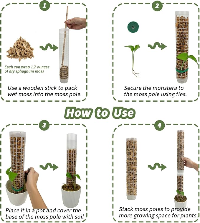 JEGU Self-Watering Moss Pole for Monstera Plant Support, 18.8 Inch Stackable Plastic Moss Pole for Climbing Plants. (2PACK-Lagre)