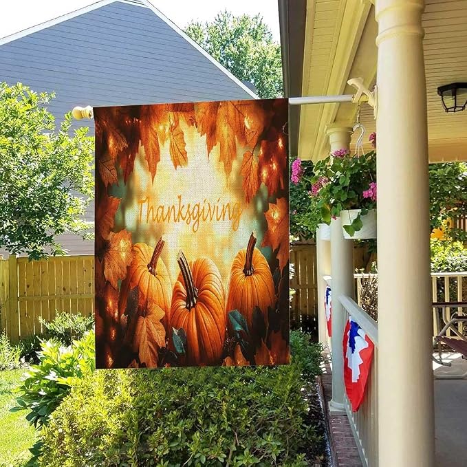 EMMTEEY Fall Garden Flag Thanksgiving Harvest Pumpkins 28X40 Double-Sided, Seasonal Yard Flags Orange Autumn Large Burlap Garden Flags for Outside Front/Back Door