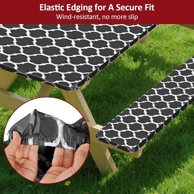 7ft Picnic Table and Bench Cover, Camping Essentials RV Gear, 84 in Waterproof Windproof Outdoor Elastic All Around Tablecloth, Fitted Rectangle Tables and Seats, Black-White Moroccan