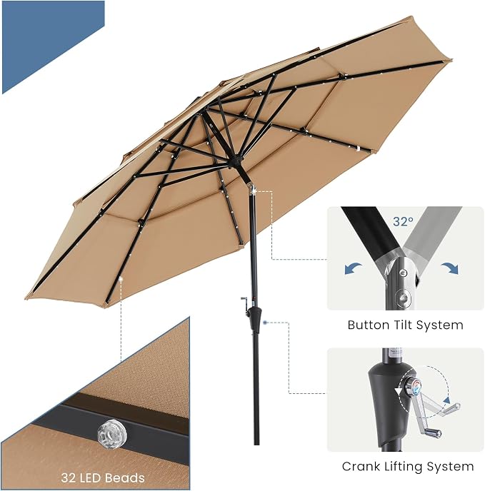 DUMOS Outdoor Solar Patio Umbrella 3 Tiers with 32 LED Lights, Beach Market Table Umbrella with Crank and 8 Sturdy Ribs for Pool, Terrace, Restaurant