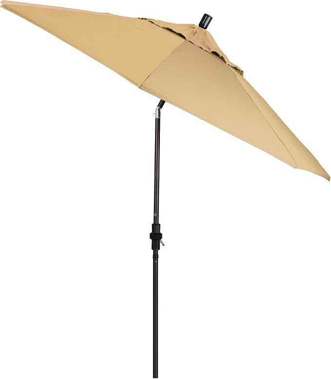 California Umbrella 9' Round Aluminum Market Umbrella, Crank Lift, Collar Tilt, Bronze Pole, Champagne Olefin