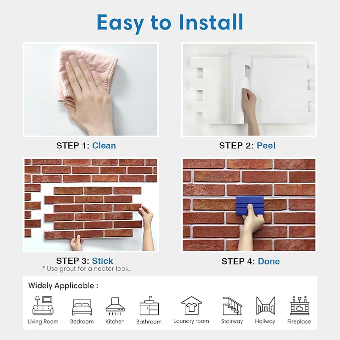 COMSTICKC 3D Red Faux Brick Wall Panel Peel and Stick Wall Stickers, 12 pcs of 22.8" x 11.8", DIY Lightweight PVC Fake Brick Decorative Wall Covering Backsplash Interior Decor,Covers 22.48 sq.ft