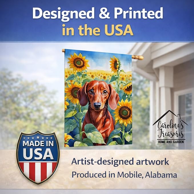 Caroline's Treasures DAC6065CHF Dachshund in Sunflowers House Flag Large Porch Sleeve Pole Decorative Outside Yard Banner Artwork Wall Hanging, Polyester, House Size, Multicolor
