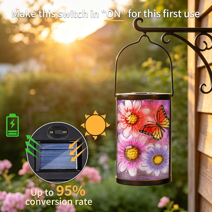 Hanging Solar Lantern Outdoor Waterproof Flowers Butterfly Solar Lights Glass Tabletop Decorative Lamp for Outdoor Patio Garden Outside Yard Decor