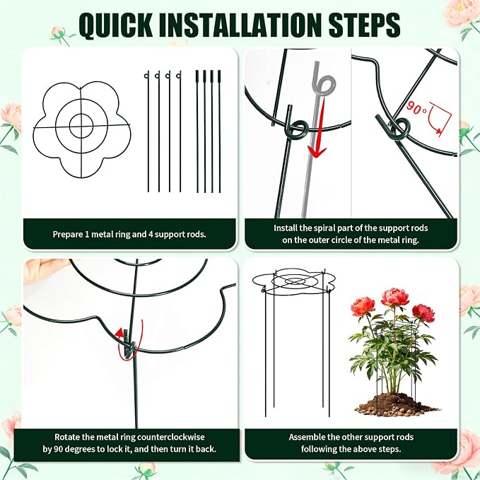 Peony Cages and Supports 4 Pack, 13" Dx24 H Grow Through Plant Supports, Heavy Duty Metal Plant Support Cage for Outdoor Flowers, Tomatoes, Hydrangeas, Cucumbers & Strawberries