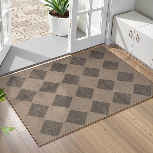 Lahome Zelie Checkered Washable 2x3 Brown Kitchen Rugs Non Slip, Small Printed Indoor Door Mat for Entryway, Moroccan Trellis Ultra-Thin Throw Carpet for Bedroom Laundry Entrance Decor (2'x3',Brown)