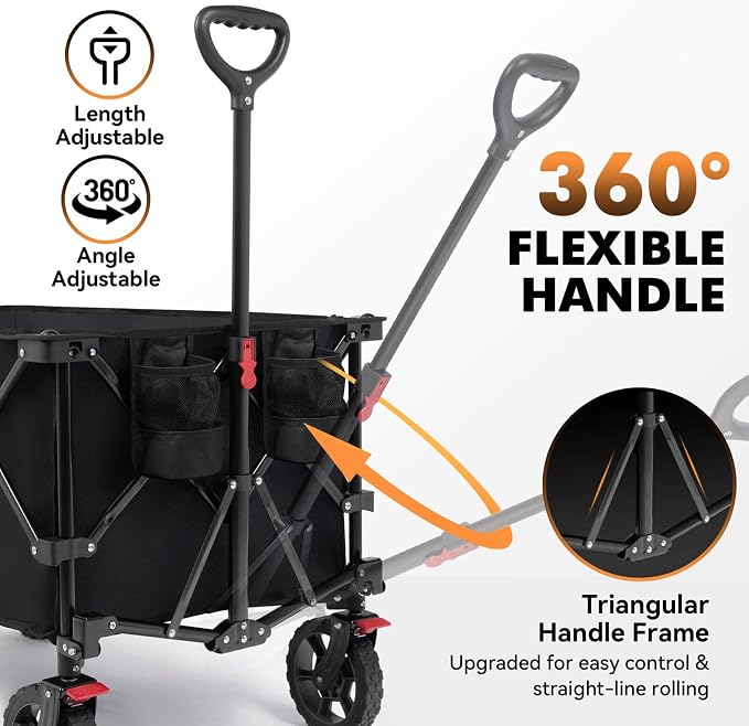 Hikenture Wagons Carts Foldable 330LBS, Heavy Duty Collapsible Wagon | Utility Wagon for Grocery, Garden, Camping & Sports Gear; One-Hand Fold; 360-Degree Wheels; Built-In Wheel Brake