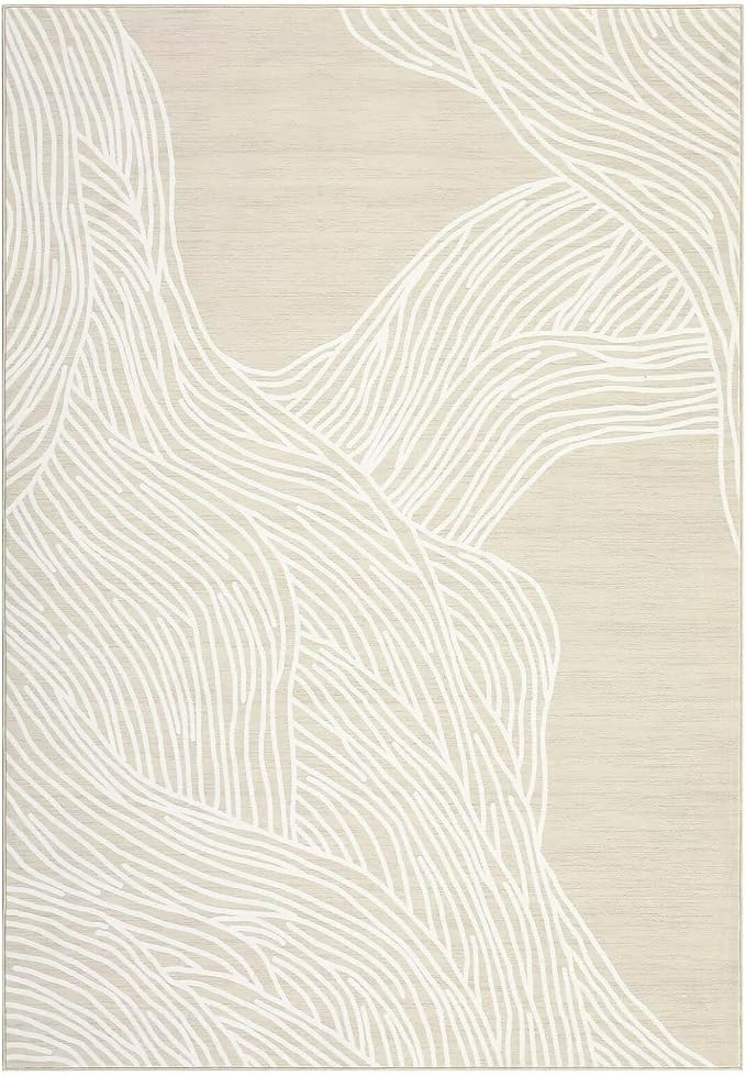 GAOMON Area Rug 9x12 Washable Modern Indoor Lines Printed Soft Faux Wool Floor Cover Abstract Aesthetic Foldable Thin Low Pile Non-Slip Accent for Living Room Bedroom Camel