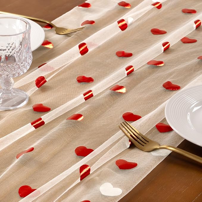 Socomi Valentine's Day Red Heart Table Runner Gauze Sheer Romantic Sequin 10FT Glitter Metallic Foil Dining Wedding Birthday Party Baby Shower Holiday Centerpiece Table Decor 3pcs Beige