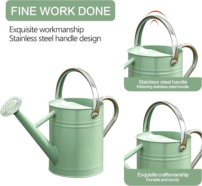 Metal Watering Can for Outdoor and Indoor Plants, Watering Can Decor, 1 Gallon (Cream Green)