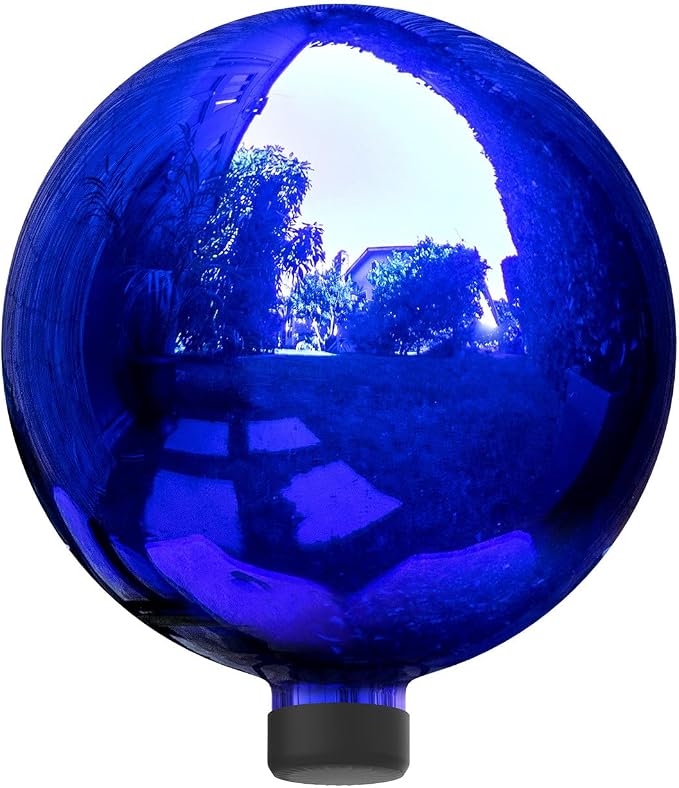 Alpine 10" Blue Outdoor Glass Gazing Globe with Achla Designs 13 1/2" Black Iron Stand for Gardens