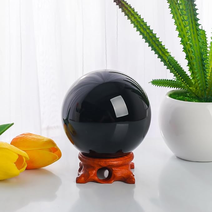 Black Obsidian Crystal Ball 80mm/3.1 inch with Rose Wooden Stand and Gift Box for Home Decor, Meditation,Fortune Teller,Feng Shui,Halloween,Magic,Quartz Crystal Orb Prop Decorative Glass Sphere