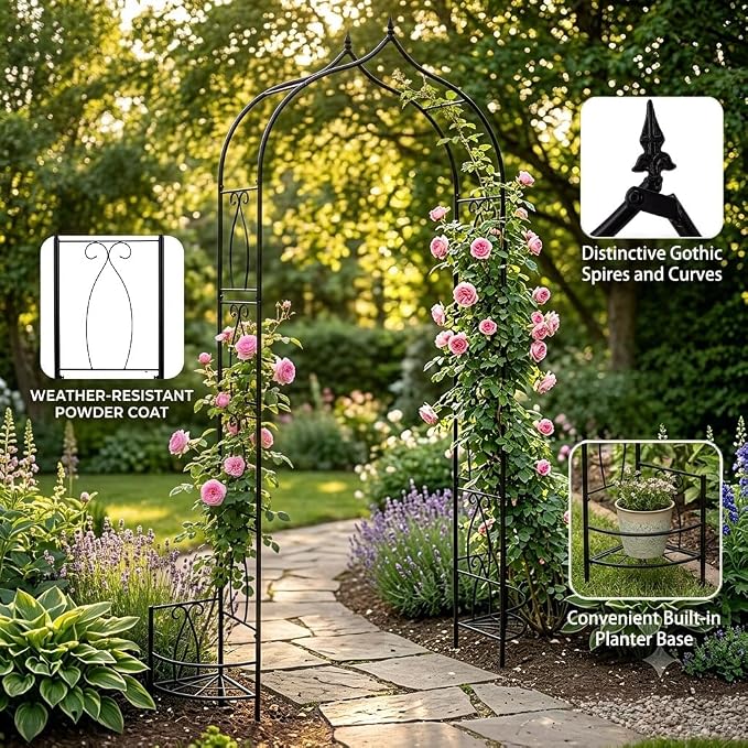 Metal Garden Arbors 8Ft Thickened Arch Trellis for Climbing Plants | Outdoor Arbor with Planter Box Rustproof Trellises Grapes Rose Wedding Arched Entrance Backdrop Stand Party Event Decoration
