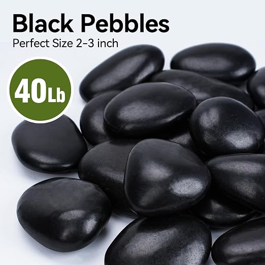 Pulovin 40 lbs Black Stones for Plants Indoor, 2-3 Inch Decorative River Rocks for Plants, Flower Pots, Vase, Polished Garden Stones for Outdoor Landscaping, Walkways, Yard