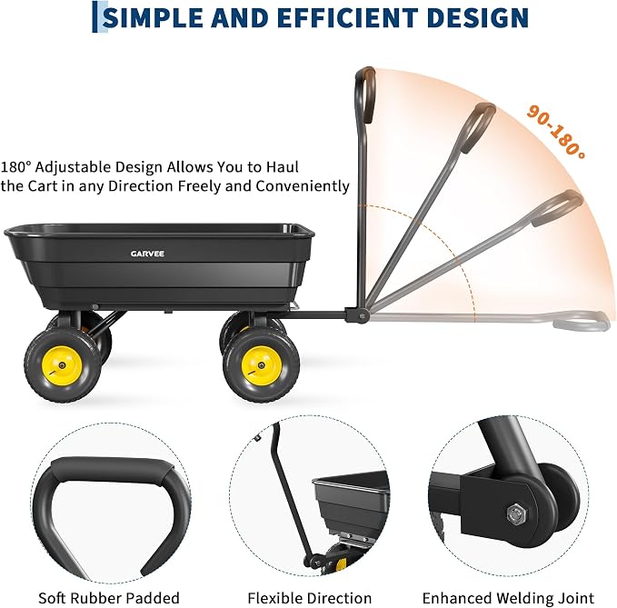 Garvee Poly Garden Dump Cart, Heavy Duty 600lbs Wheelbarrow Yard Cart Dump Wagon with 10”All Terrain Wheels, Garden Utility Wagon with Quick Release System& Convertible Handle Attach to ATV (Black) | Heavy Duty,10”All Terrain Wheels, Garden Utility Wag...