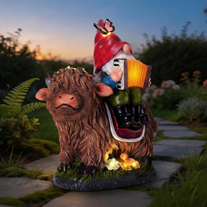 Highland Cow Gnome Statue, Highland Cow Gnomes Garden with LED Lights and Book, Solar Garden Statues for Yard, Patio, Balcony, Lawn Ornaments Figurines Gifts for Women, Mom