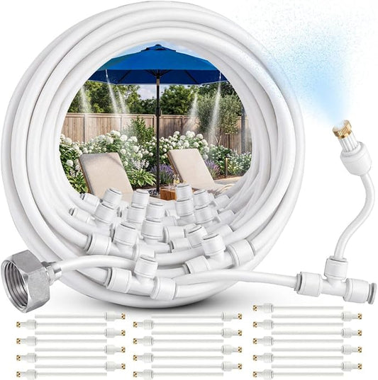Misting System for Patio, 75 FT Outdoor Misters for Outside Patio Cooling, Fine Mist Mister Kit with Flexible Rod Nozzles, Garden Faucet Setup for Pergola, Garden, Greenhouse, Backyard, White