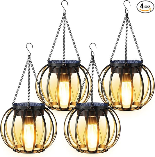 Solar Lanterns Outdoor Waterproof 4 Pack, Upgraded Metal Hanging Solar Lights for Outside with Auto On/Off & Hook - Brighter Hanging Outdoor Lanterns Decorative Lighting for Garden Patio Yard