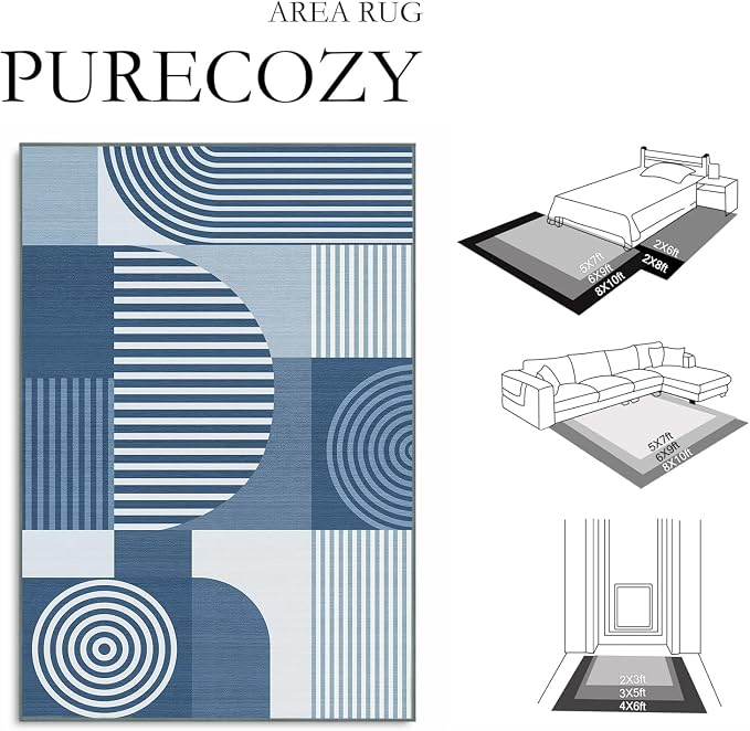 Area Rug 6x9 Living Room Blue Geometric Rug Machine Washable Minimalist Line Mid Century Modern Area Rugs Non Slip Low Pile Large Dining Room Indoor Floor Carpet for Bedroom Office,Blue